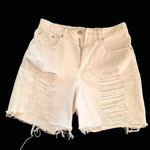 ZARA Vintage Distressed White Jean Denim Bermuda-Length Frayed Shorts Size 6